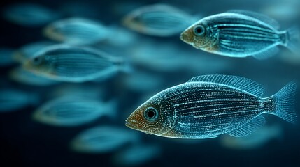 Bioluminescent signal coordination flashlight fish school at night light used for group navigation and hunting shown underwater