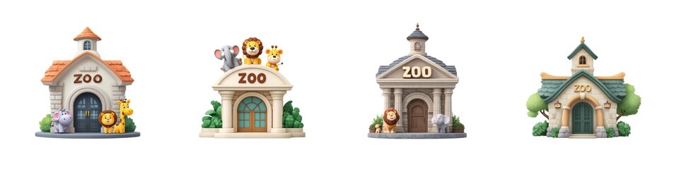 Set of Realistic Zoo Building Entrances with Animal Sculptures on transparent backgorund