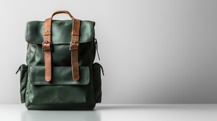 A sleek green backpack with leather straps is displayed against a clean, minimalist background, symbolizing modern travel essentials and stylish outdoor adventure gear.
