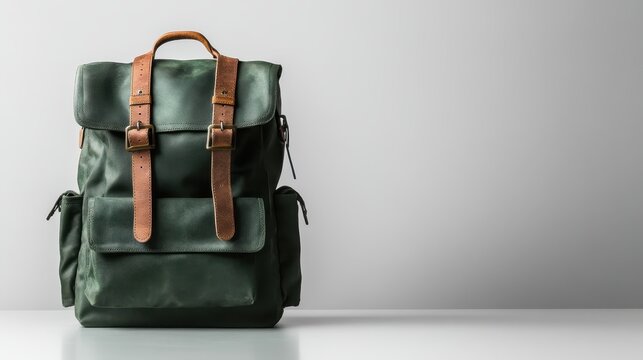 A sleek green backpack with leather straps is displayed against a clean, minimalist background, symbolizing modern travel essentials and stylish outdoor adventure gear.