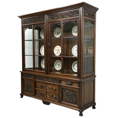 Ornate Dark Wood China Cabinet with Shelves and Decorative Plates