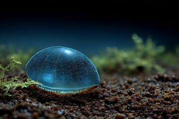 Bioluminescent shark egg sac glowing underwater seafloor natural lighting and close up of translucent casing in marine setting