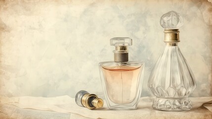 Two vintage perfume bottles on a textured surface.