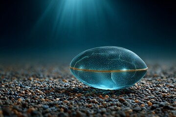 Bioluminescent shark egg sac glowing underwater seafloor natural lighting and close up of translucent casing in marine setting