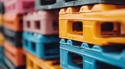 Fototapeta premium This image captures a close-up view of vibrantly colored pallets stacked against each other in a warehouse, showcasing their texture and colors effectively.