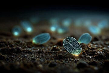 Bioluminescent seed pods glowing subtly after falling into moist rainforest floor natural decay light emission process in realism