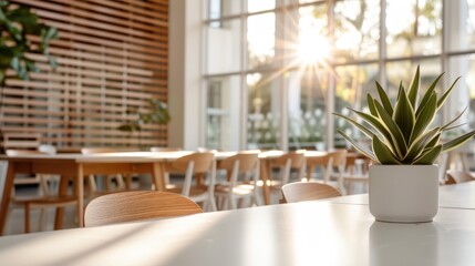 Obraz premium A beautifully lit modern cafe features a potted plant in the foreground, creating a fresh, inviting atmosphere for socializing and relaxation amid sleek design elements.