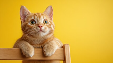 A charming close-up of a curious orange tabby cat peering over a wooden ledge, set against a vibrant yellow background, radiating warmth and inquisitiveness.
