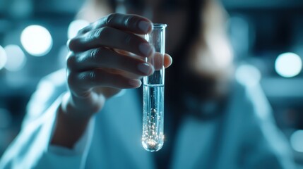 A focused scientist in a lab coat holds a test tube filled with a sparkling liquid, illustrating the pursuit of discovery and innovation in scientific research and experimentation.