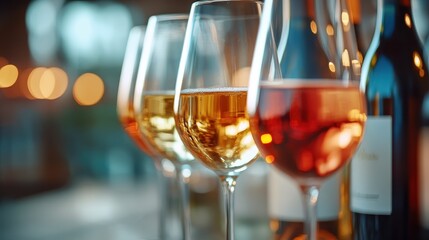 Obraz premium An enchanting scene showcasing various glasses of wine, elegantly presented against a warm backlight, creating a sophisticated ambiance perfect for celebration and relaxation.