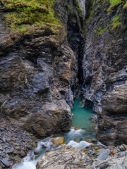 Obraz premium The Viamala Gorge in the nature park Beverin, carved out by river Hinterrhein and an attraction of Graubunden, Switzerland.