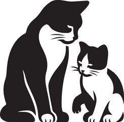 Mother cat and kitten loving silhouette, Family cat bond illustration black and white