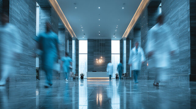 Hospital Corridor. Blurred motion of healthcare professionals in a modern hospital