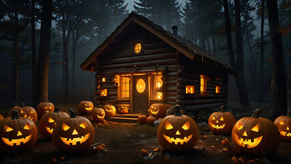 A swarm of flying jack-o'-lanterns attacking a small cabin in the woods, their mouths open with fire pouring out.