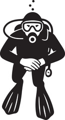 Scuba diver underwater black and white illustration, Submerged diver vector drawing marine theme