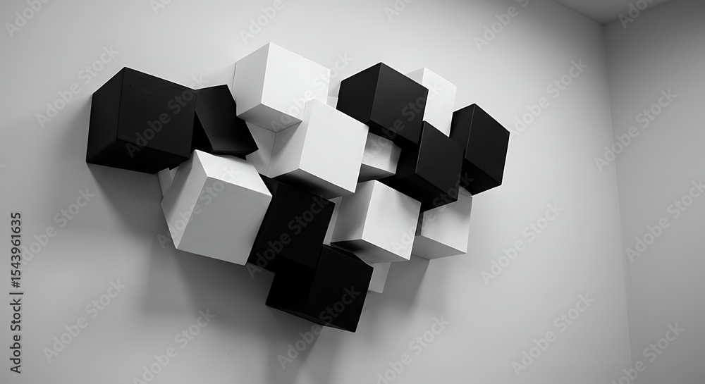 Poster modern abstract geometric display: a monochrome artistic installation featuring a collection of cube