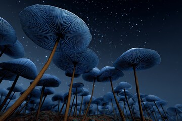 Bioluminescent mushroom valley night giant fungi glowing in soft blues and purples fantasy terrain under stars