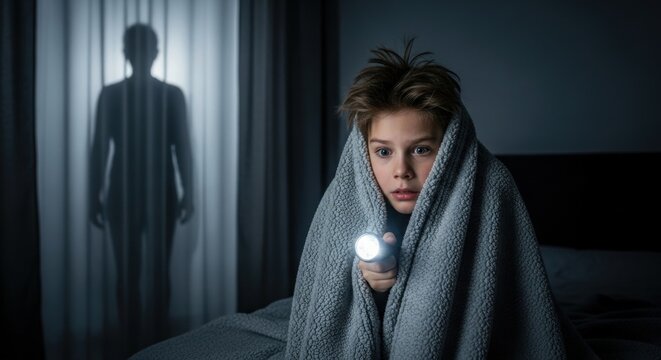 A boy with a flashlight, wrapped in a blanket, scared by a shadow of a monster behind curtains. Nightmare and horror concept. - Powered by Adobe