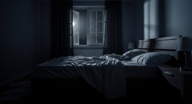 Creepy empty bedroom at night with messy bed and open window, scary haunted house interior, nightmare background.