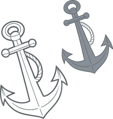 Stylized Gray Anchor Pair Illustration – Light and Dark Gray Anchors with Traditional Design Featuring Flukes, Circular Tops, and Rope Detail on Plain White Background – Nautical Vector Art for Logos,