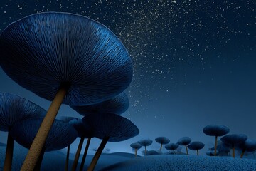 Bioluminescent mushroom valley night giant fungi glowing in soft blues and purples fantasy terrain under stars