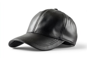 Fototapeta premium A black shiny leather baseball cap sits angled slightly towards the right on a white surface