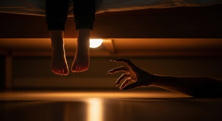 Kid's bare feet hanging from bed with a monster reaching hand from underneath. Childhood fear of dark night and imaginary creatures.