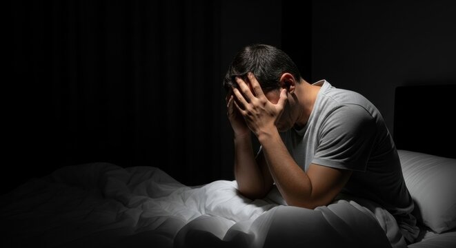 A man sitting in bed covering his face with hands, suffering from a nightmare or insomnia. Sleep disorder and stress concept for health issues.