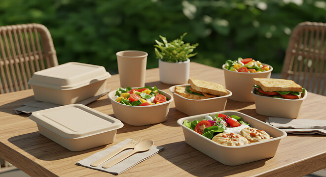 Eco-Friendly Mealtime Delight: A collection of delectable meals and eco-friendly packaging are artfully arranged on a wooden table, celebrating sustainable dining options with a focus on fresh.