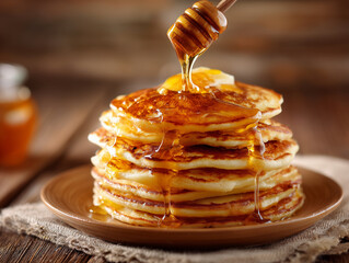 stack of golden brown pancakes drizzled with honey on beige background