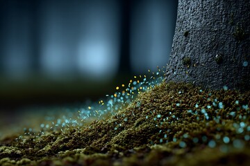 Bioluminescent moss growing the side of a tree trunk natural low light forest setting during twilight hyper realistic nature focus