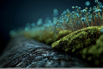 Bioluminescent moss growing the side of a tree trunk natural low light forest setting during twilight hyper realistic nature focus