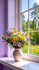 Fototapeta premium Wildflowers in Vase by Window.