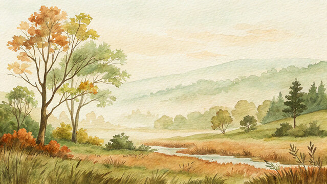 Hand painted watercolor landscape capturing the essence of autumn with warm earthy tones, showcasing rolling hills, a winding stream, and trees adorned with vibrant fall foliage, evoking a peaceful na