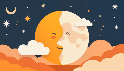 Happy moon and sun smiling together in a celestial night sky, concept of autumn equinox  