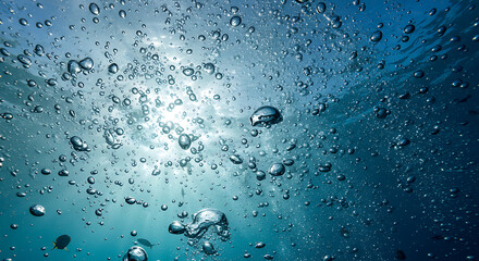 Underwater Serenity: A captivating underwater view showcasing bubbles ascending against the backdrop of the sunlit water, creating a tranquil and dynamic visual experience.