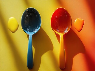 Two vibrant kitchen spoons on contrasting yellow and orange backgrounds with liquid drops