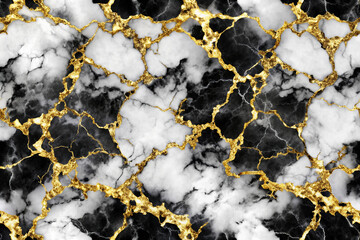 A luxurious and elegant seamless pattern of black and white marble with striking shimmering gold veins, perfect for high-end design projects, backgrounds, product packaging, and sophisticated décor.