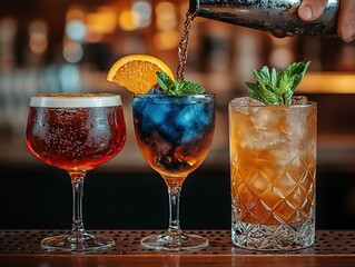 Three Artfully Presented Cocktails on a Bar Counter with Mint and Orange Garnish
