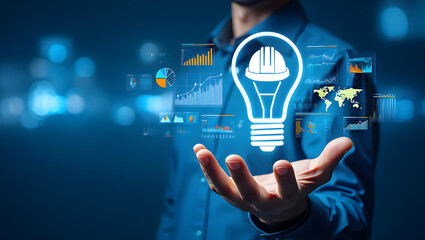 Illuminating Ingenuity A Visionary Concept of Engineering and Innovation Showcasing a Lightbulb with Construction Helmet Icon