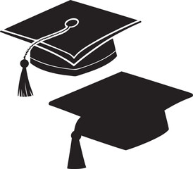 Two Black Graduation Cap Icons – Simple Graphic Style Mortarboards with and Without Tassels – Classic Academic Achievement Symbols for Education Logos, Graduation Designs, and Ceremony Decor