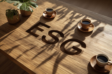 Corporate boardroom table with ESG letters engraved into wood, surrounded by plant shadows and coffee cups.