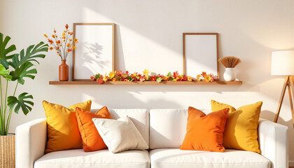 Cozy living room with autumn decor and colorful cushions for autumn equinox  