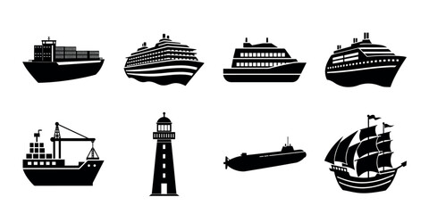Ship and Marine Transport Silhouette Icons – Cargo, Cruise, Submarine, Lighthouse, and Sailing Vessel Vector Set