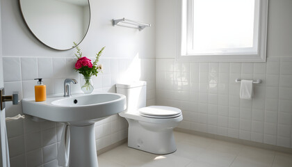 glossy white sink and sleek toilet beside a deep bathtub in a bright, airy home bathroom, smooth light. isolated with white highlights