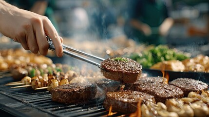 Hand holds a digital meat thermometer above a ribeye steak cooking on the grill, showcasing precision in outdoor grilling