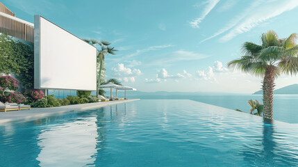 Large wide horizontal white blank billboard sign for advertisements on the edge of swimming pool, tropical environment. Business poster commercial board outdoors, marketing frame mockup.