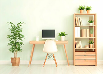 Scandinavian style workspace with light wood furniture and plants