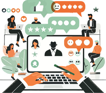 Online customer feedback and reviews concept with laptop users and social media icons