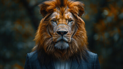 Obraz premium Lion businessman in a suit, corporate company entrepreneur, manager or boss, CEO leader success, ambitious and confident executive director, career motivation.